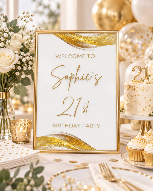 White & Gold Welcome Sign | Personalised Birthday Party Print | Gold White Party Theme | A4, A3 - Dinky Designs