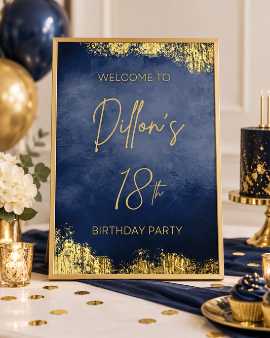 Navy Blue & Gold Welcome Sign | Personalised Birthday Table Print | Birthday Party Poster | A4, A3