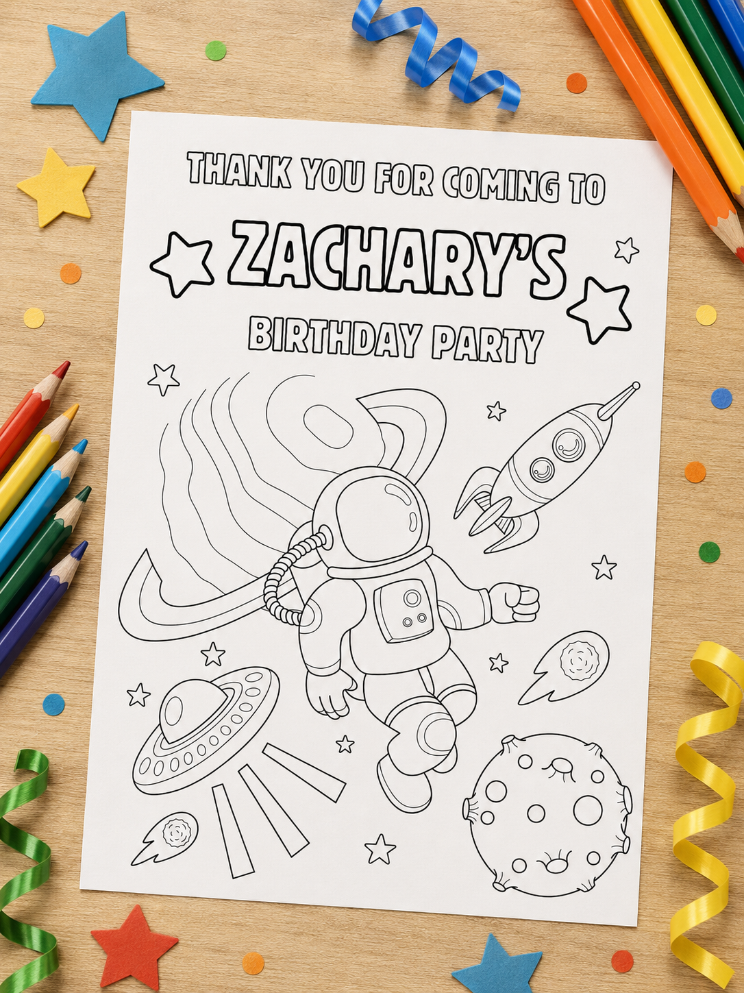 A6 Colouring Sheets | Personalised Space Colouring Sheets | Party Bag Favours | Design 1