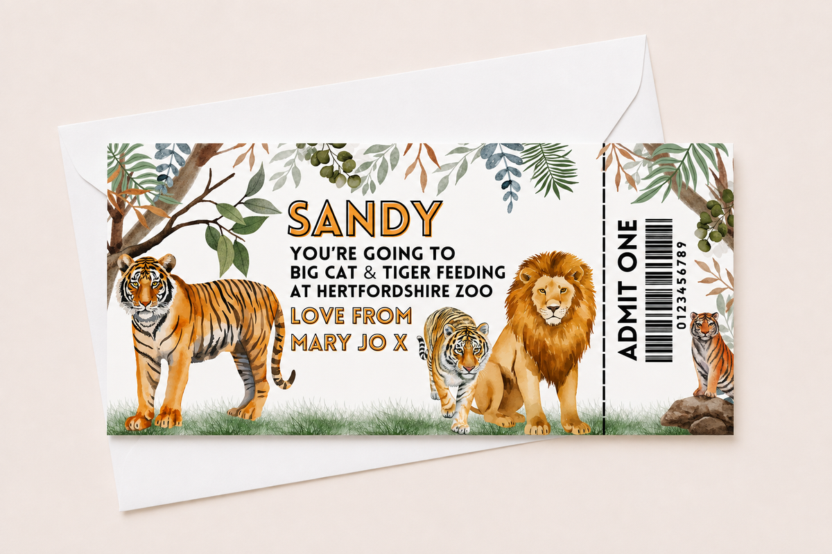 Surprise Ticket Print | Personalised Big Cat, Lion, Tiger Ticket Pass Voucher Membership | Gift Idea - Dinky Designs