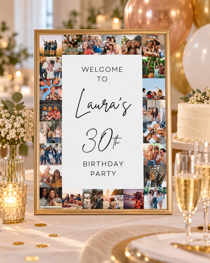 Image Photo Collage Welcome Sign | Personalised Birthday Table Print | Birthday Party Poster | A4, A3