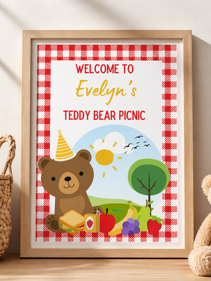 Red Teddy Bear Picnic Welcome Print | Personalised Birthday Print | Birthday Party Table Print | A4, A3