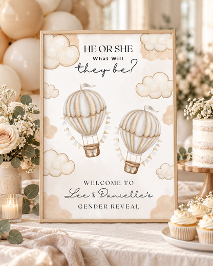Neutral Beige Hot Air Balloon Gender Reveal Welcome Sign | Personalised Gender Reveal Table Print | Party Poster Sign | A4, A3