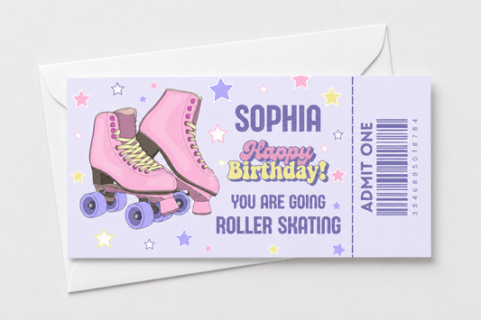 Surprise Ticket Print | Personalised Pink & Purple Roller Skating Ticket Pass Voucher Membership | Gift Idea