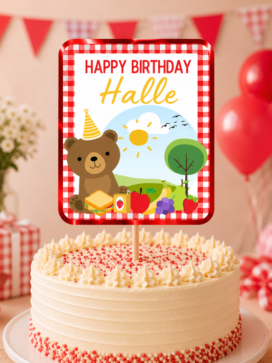 Cake Topper | Personalised Red Teddy Bear Picnic Cake Topper | Red Teddy Bear Picnic Party Supplies