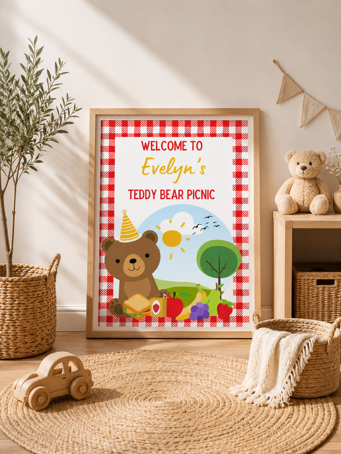 Red Teddy Bear Picnic Welcome Print | Personalised Birthday Print | Birthday Party Table Print | A4, A3