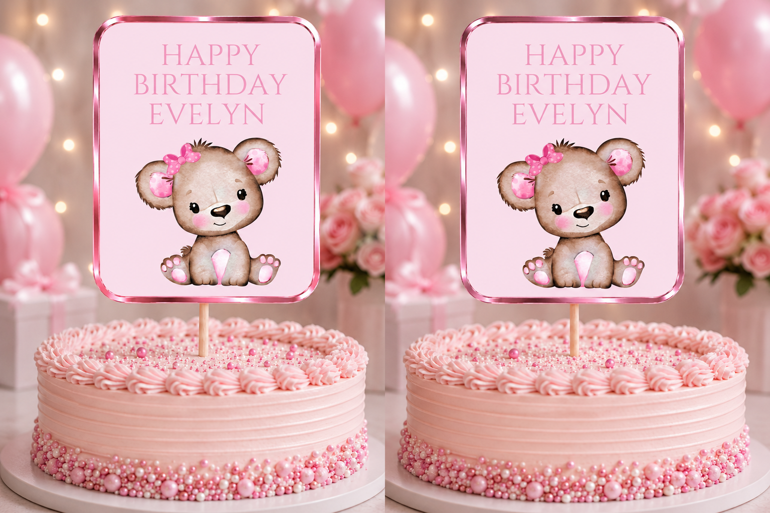Cake Topper | Personalised Pink Teddy Bear Cake Topper | Pink Teddy Bear Party Supplies - Dinky Designs