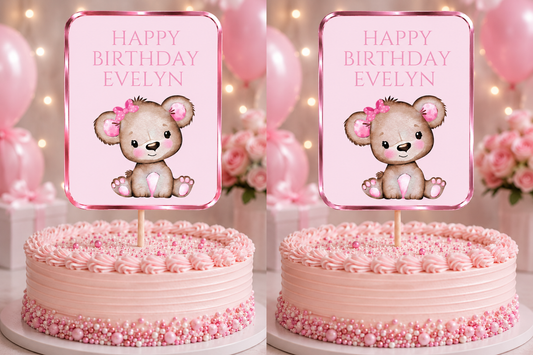 Cake Topper | Personalised Pink Teddy Bear Cake Topper | Pink Teddy Bear Party Supplies