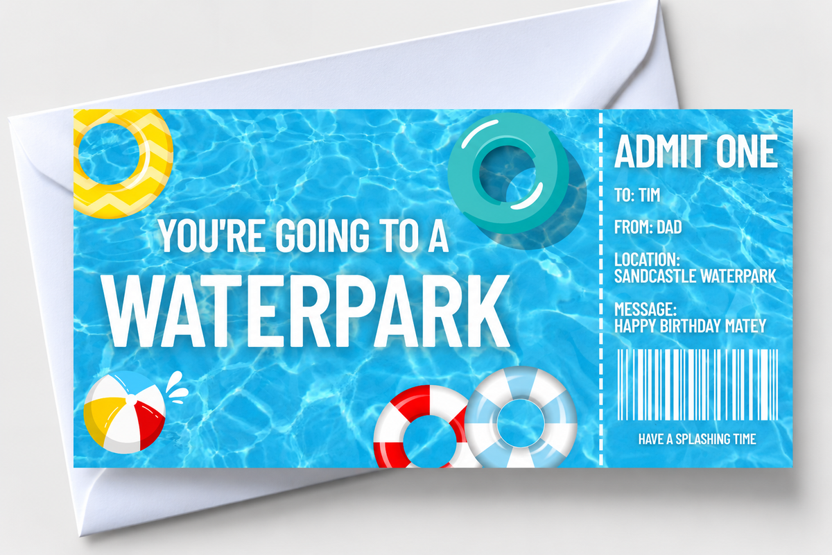 Surprise Ticket Print | Personalised Water Park Ticket Pass Voucher Membership | Gift Idea - Dinky Designs