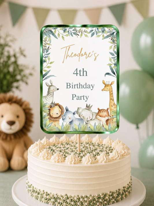 Cake Topper | Personalised Safari Animal Cake Topper | Safari Animal Party Supplies - Dinky Designs