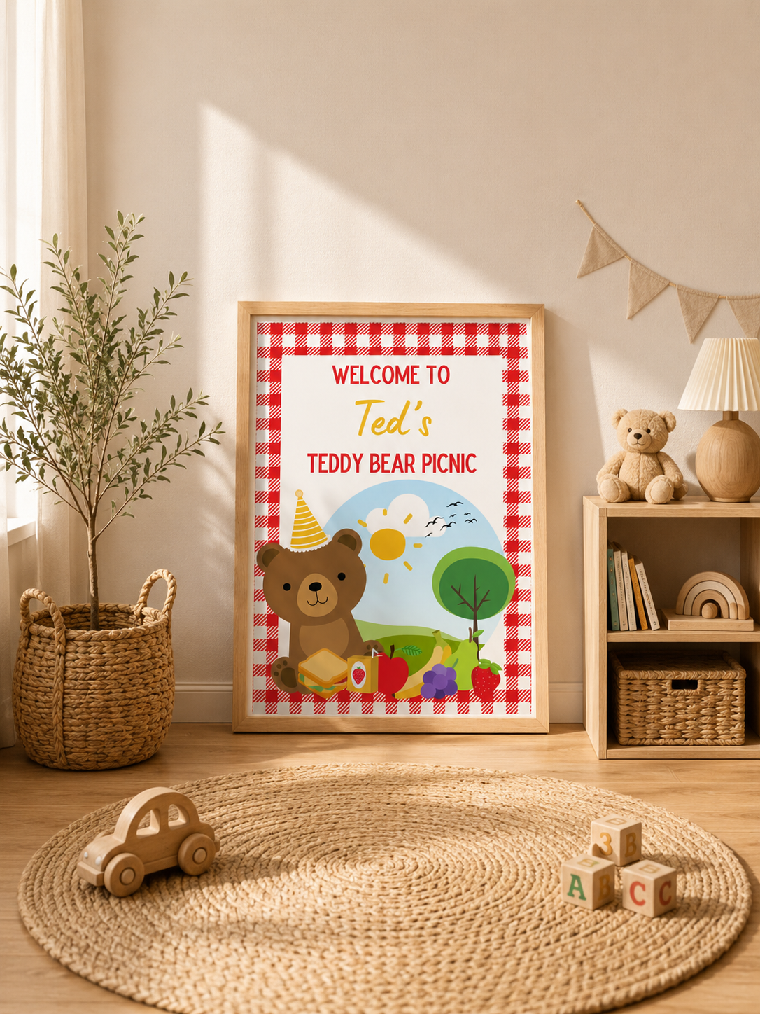 Red Teddy Bear Picnic Welcome Print | Personalised Birthday Print | Birthday Party Table Print | A4, A3