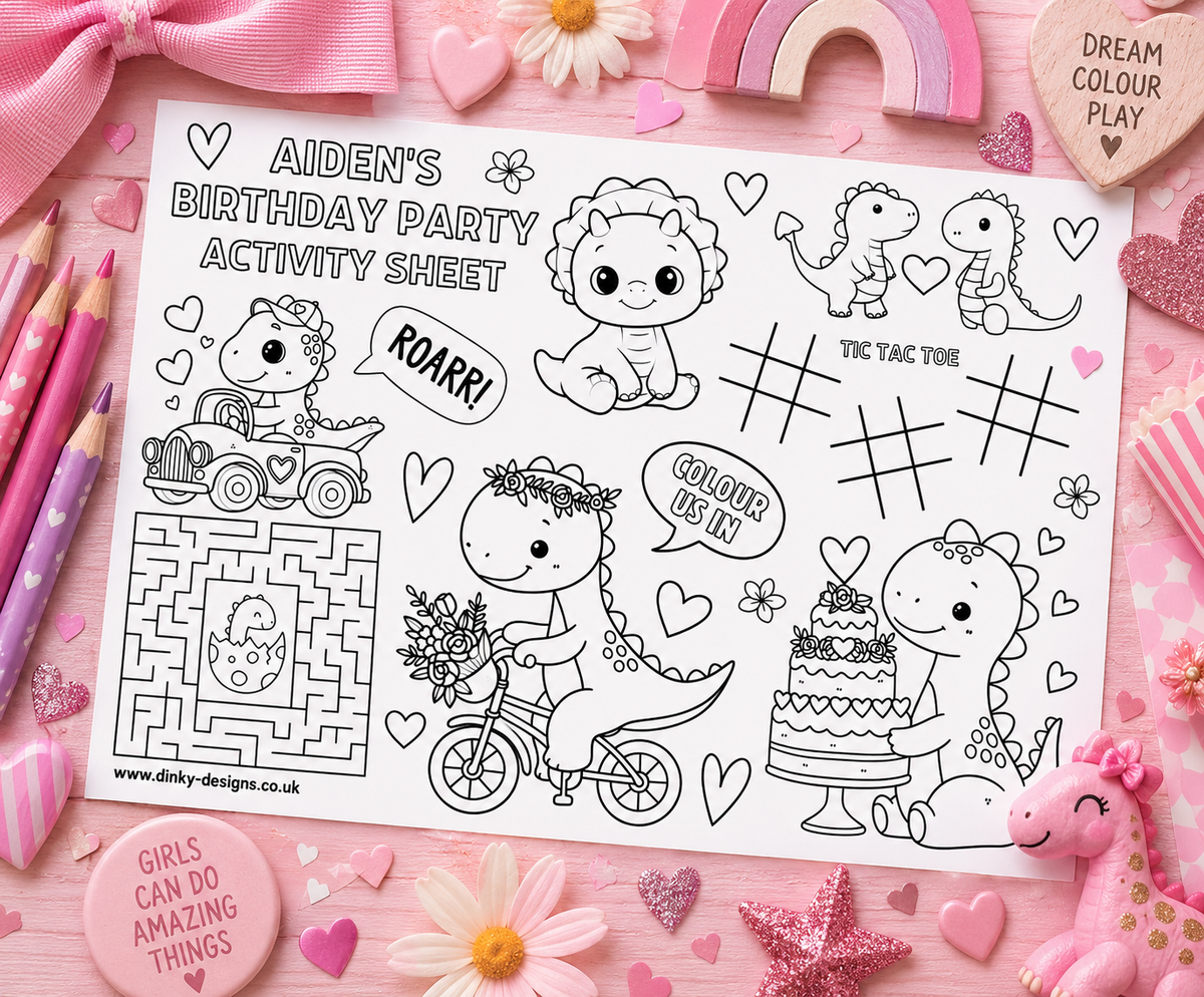 A4 Colouring Activity Sheets | Personalised Girl Dinosaur Design Activity Sheets | Dinosaur Placemats - Dinky Designs