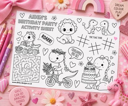 A4 Colouring Activity Sheets | Personalised Girl Dinosaur Design Activity Sheets | Dinosaur Placemats - Dinky Designs