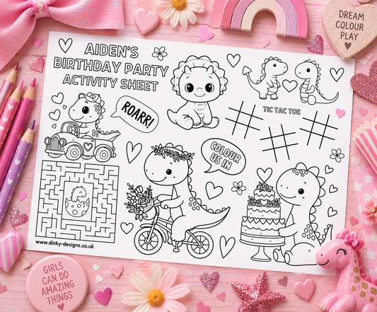 A4 Colouring Activity Sheets | Personalised Girl Dinosaur Design Activity Sheets | Dinosaur Placemats - Dinky Designs