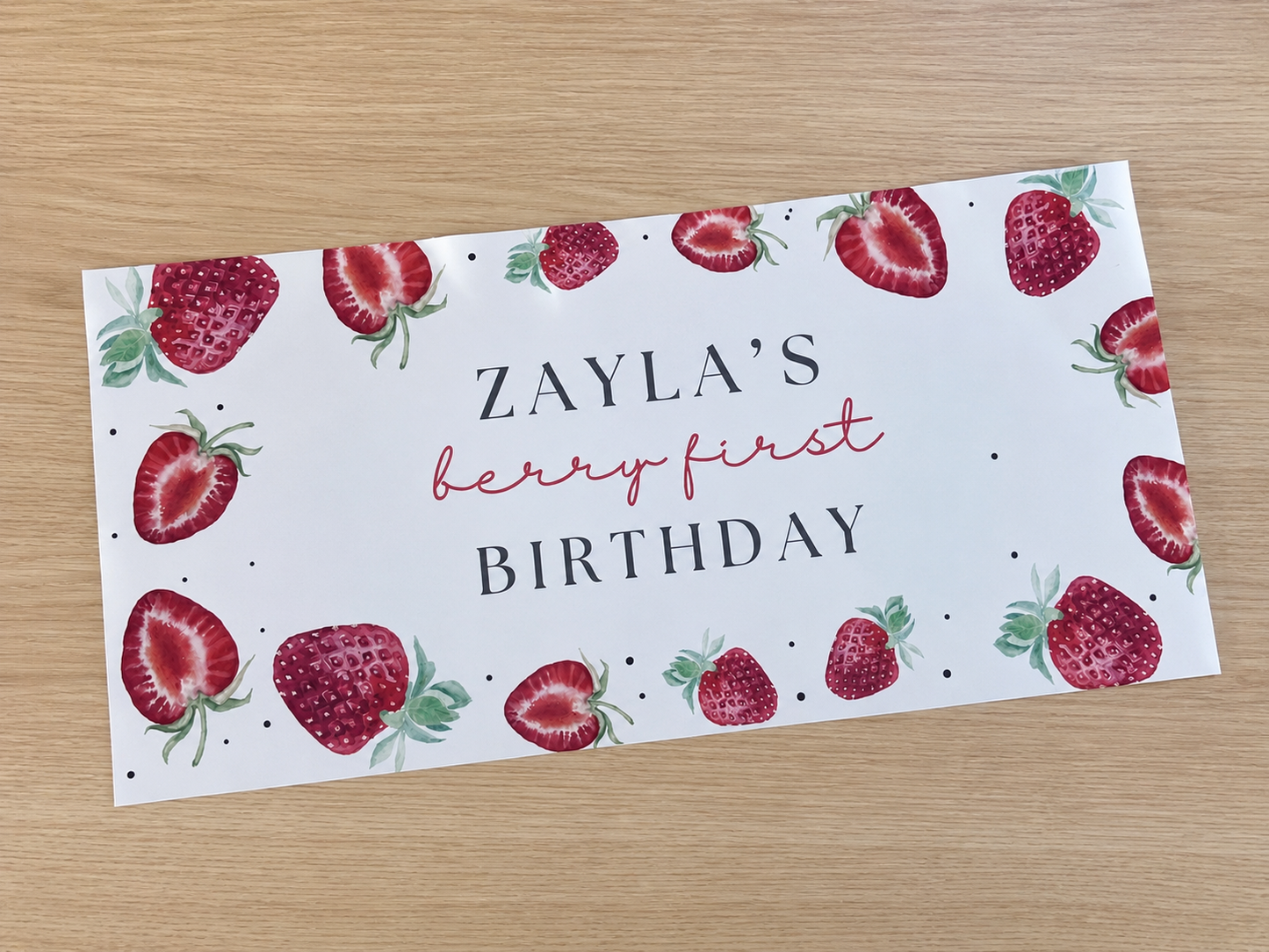 Strawberry Banner | Personalised Strawberry Birthday, Baby Shower, Christening Party Banner | Strawberry Party Theme - Dinky Designs
