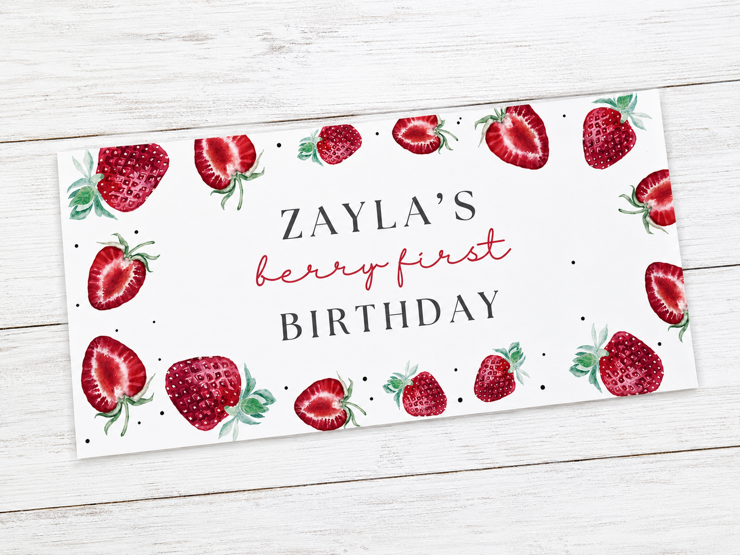 Strawberry Banner | Personalised Strawberry Birthday, Baby Shower, Christening Party Banner | Strawberry Party Theme - Dinky Designs