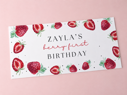Strawberry Banner | Personalised Strawberry Birthday, Baby Shower, Christening Party Banner | Strawberry Party Theme - Dinky Designs