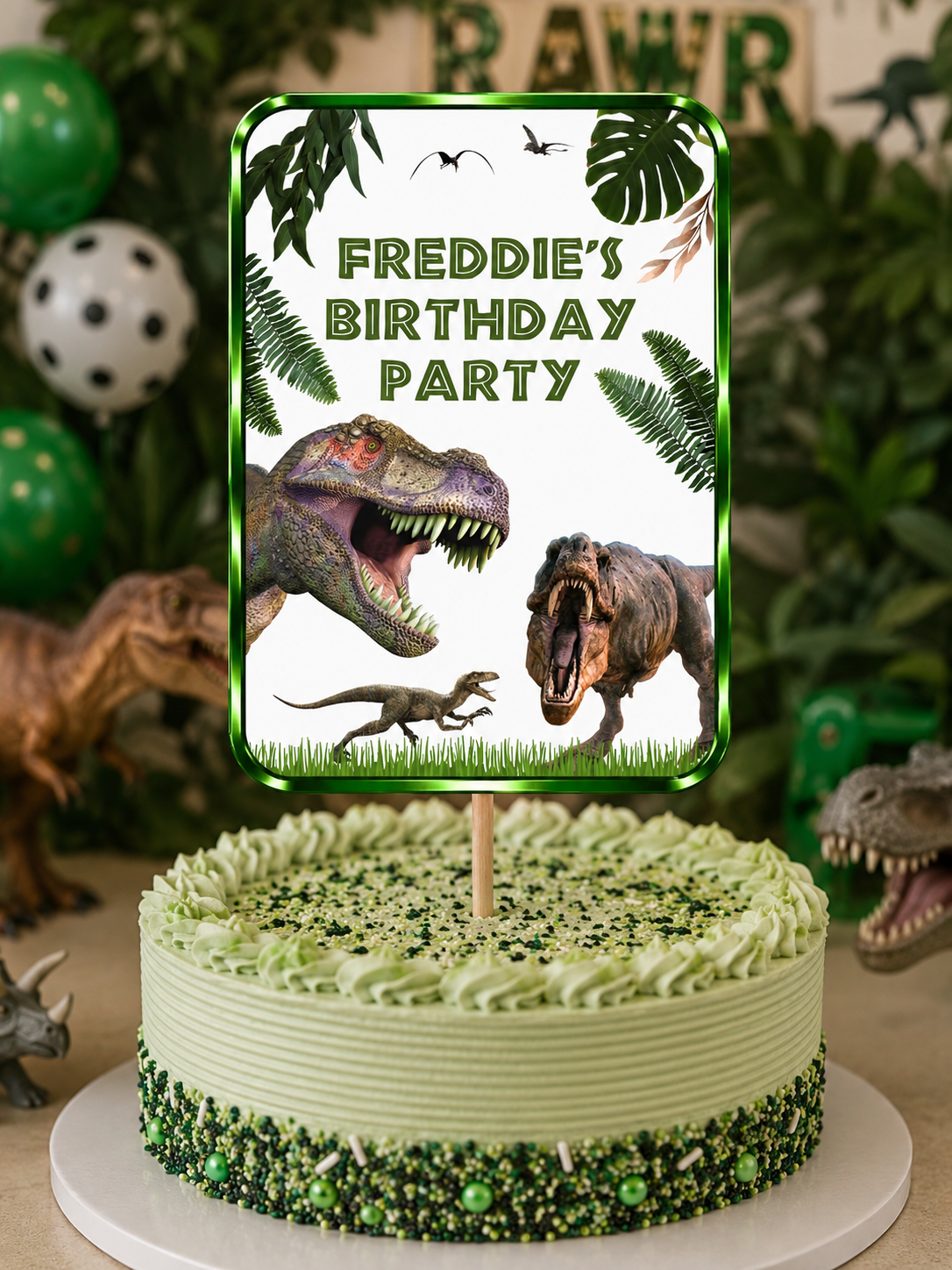 Cake Topper | Personalised Dinosaur Jurassic Cake Topper | Dinosaur Party Supplies | Design 2 - Dinky Designs