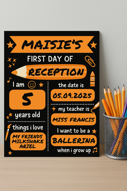 Children's Orange Print | First Day Of School Photo Prop | Laminated Keepsake