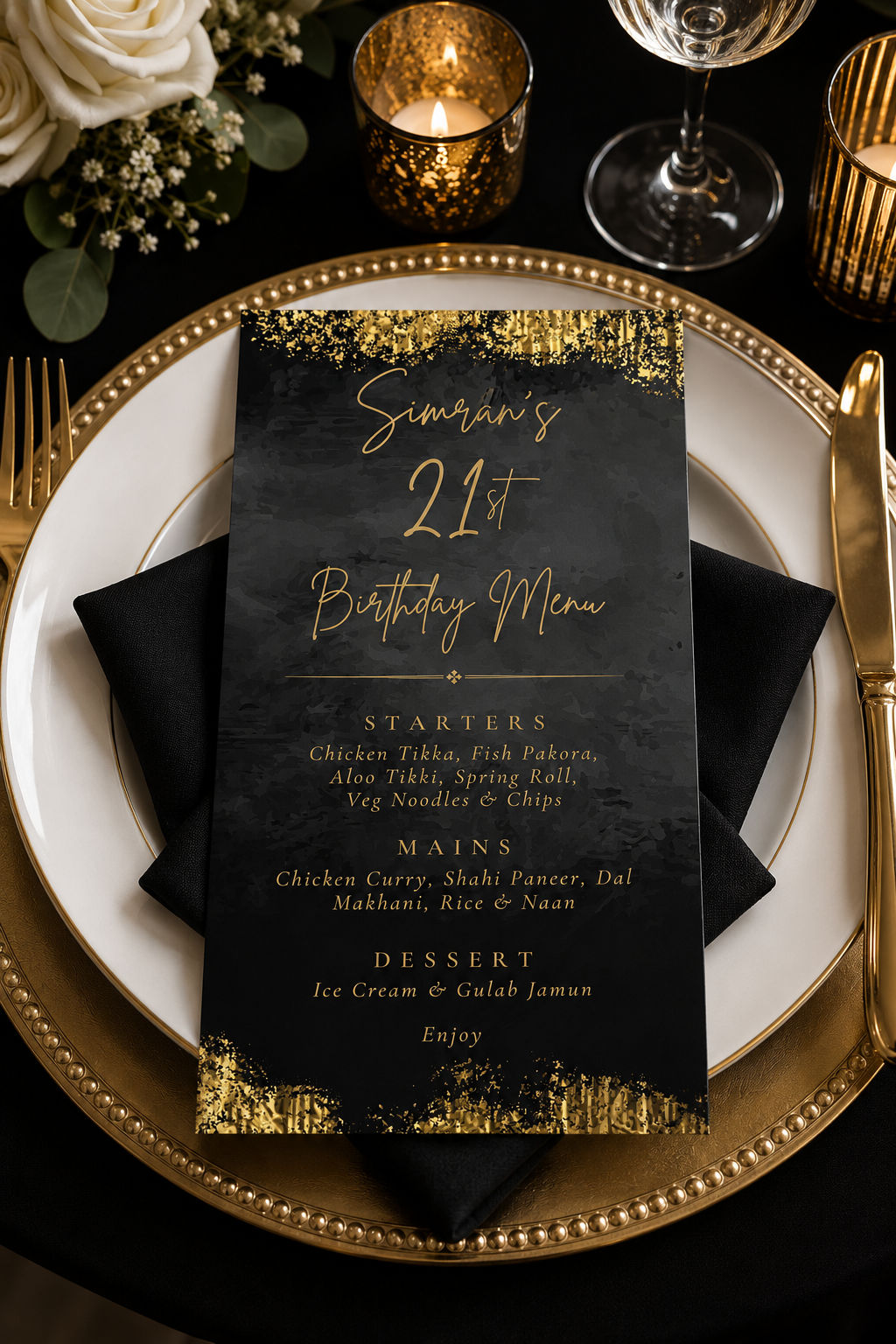 Table Party Menu | Black & Gold Menu | Black & Gold Party Theme - Dinky Designs