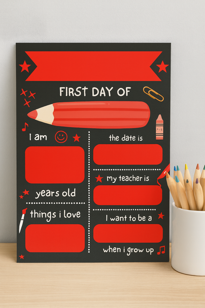 Children's Red Print | First Day Of School Photo Prop | Laminated Keepsake