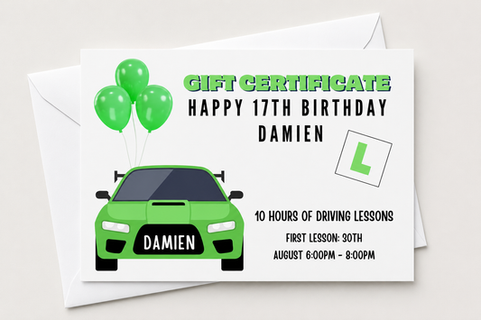 A6 Print | Green Driving Lesson Gift Certificate | Gift Idea - Dinky Designs
