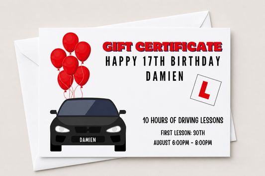 A6 Print | Red Driving Lesson Gift Certificate | Gift Idea - Dinky Designs