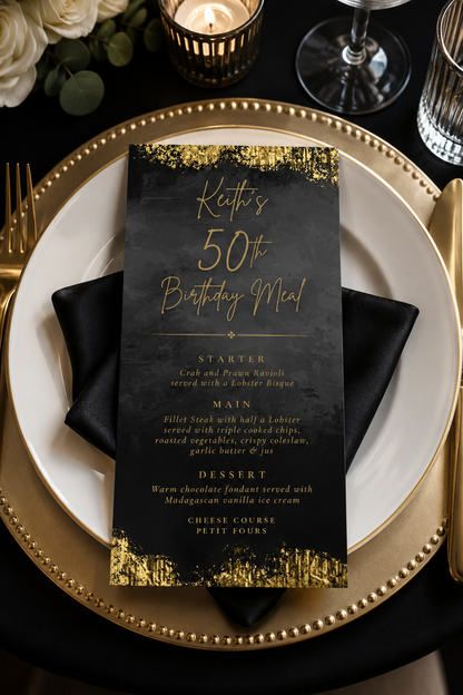 Table Party Menu | Black & Gold Menu | Black & Gold Party Theme - Dinky Designs