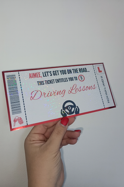 Surprise Ticket Print | Personalised Red Driving Lessons Ticket Voucher | Gift Idea