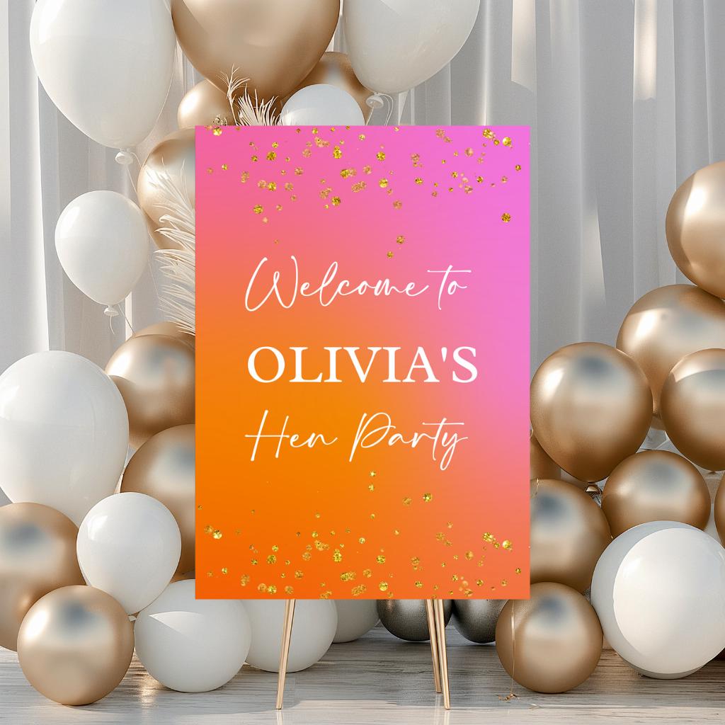 Pink, Orange & Gold Welcome Board Print Sign | Personalised Birthday, Hen Party Board | Party Sign | A4, A3, A2, A1 - Dinky Designs