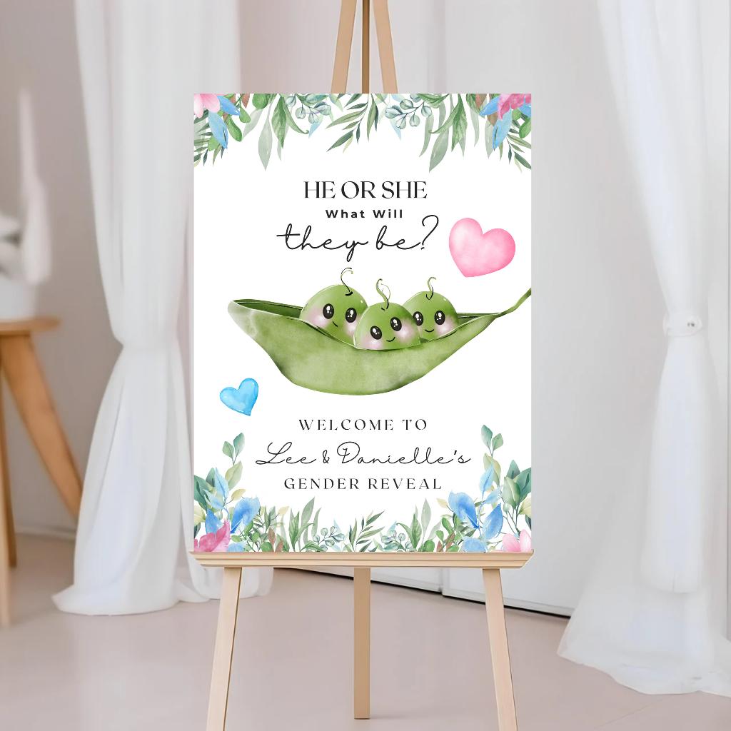Peas In A Pod, Baby, Twin, Gender Reveal Welcome Board Sign | Personalised Gender Reveal Board | Party Sign | A4, A3, A2