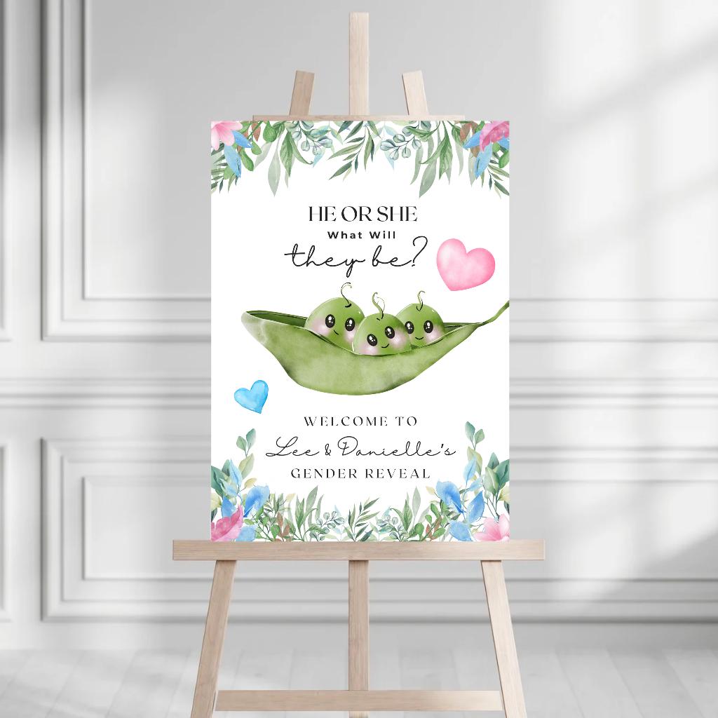 Peas In A Pod, Baby, Twin, Gender Reveal Welcome Board Sign | Personalised Gender Reveal Board | Party Sign | A4, A3, A2