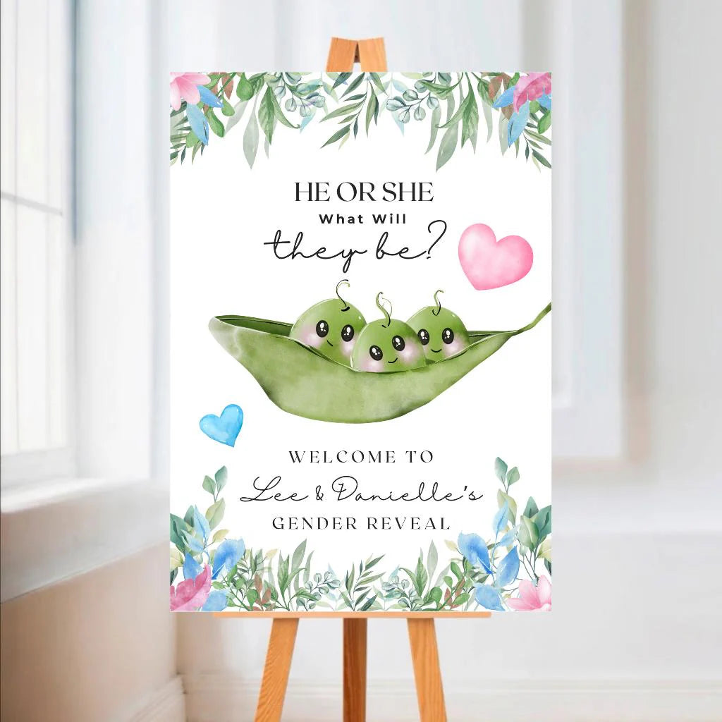 Peas In A Pod, Baby, Twin, Gender Reveal Welcome Board Sign | Personalised Gender Reveal Board | Party Sign | A4, A3, A2