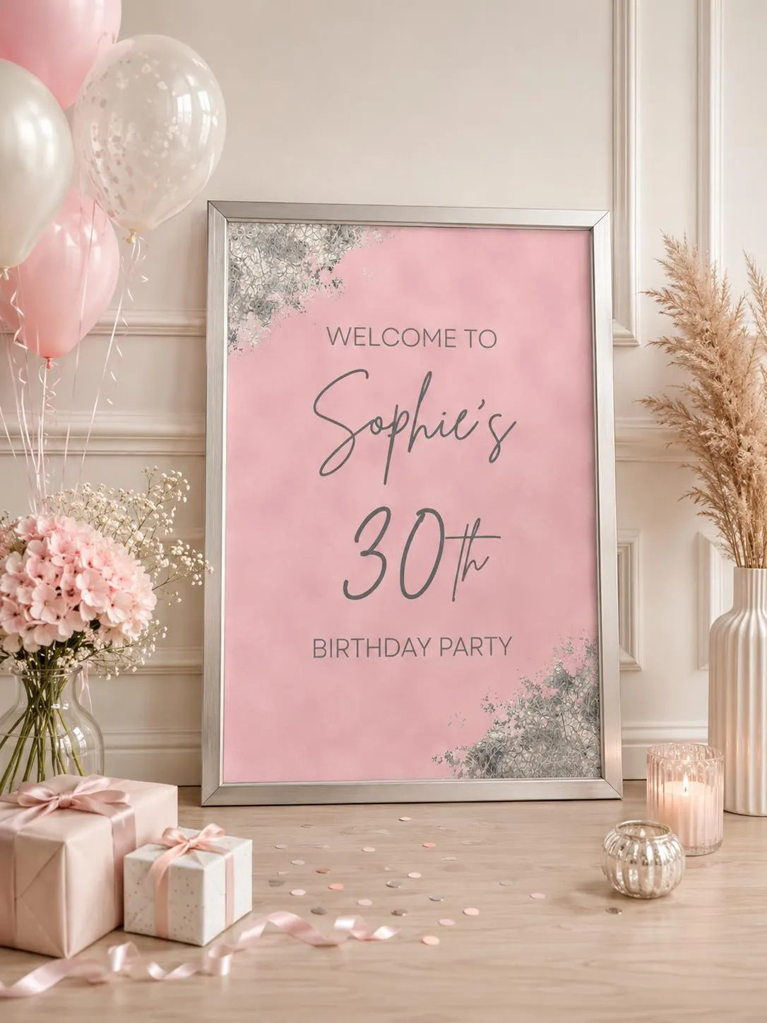 Baby Pink & Silver Welcome Board Sign | Personalised Birthday Board | Birthday Party Sign | A4, A3, A2