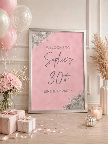 Baby Pink & Silver Welcome Board Sign | Personalised Birthday Board | Birthday Party Sign | A4, A3, A2