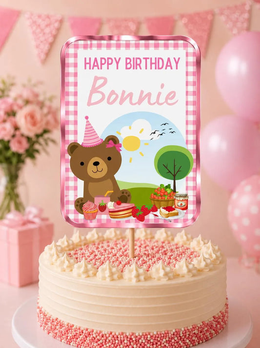 Cake Topper | Personalised Pink Teddy Bear Picnic Cake Topper | Pink Teddy Bear Picnic Party Supplies