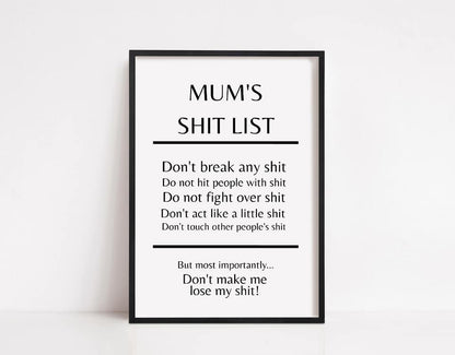Quote Print | Mum's Shit List | Funny Print - Dinky Designs