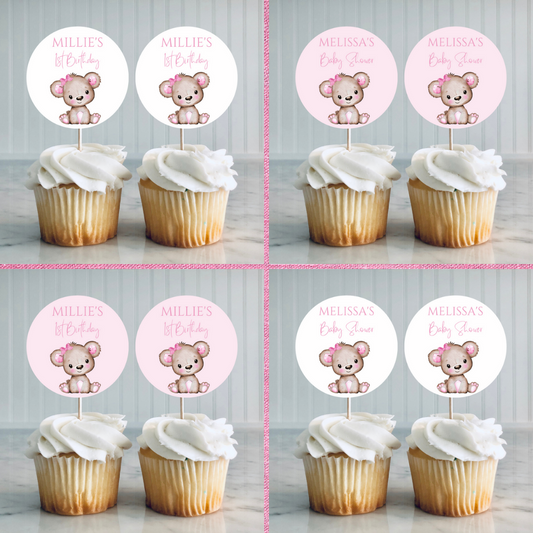 Pink Or White Teddy Bear Cupcake Toppers | Baby Shower, Birthday Cupcake Toppers | Party Decorations