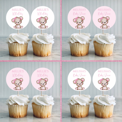 Pink Or White Teddy Bear Cupcake Toppers | Baby Shower, Birthday Cupcake Toppers | Party Decorations