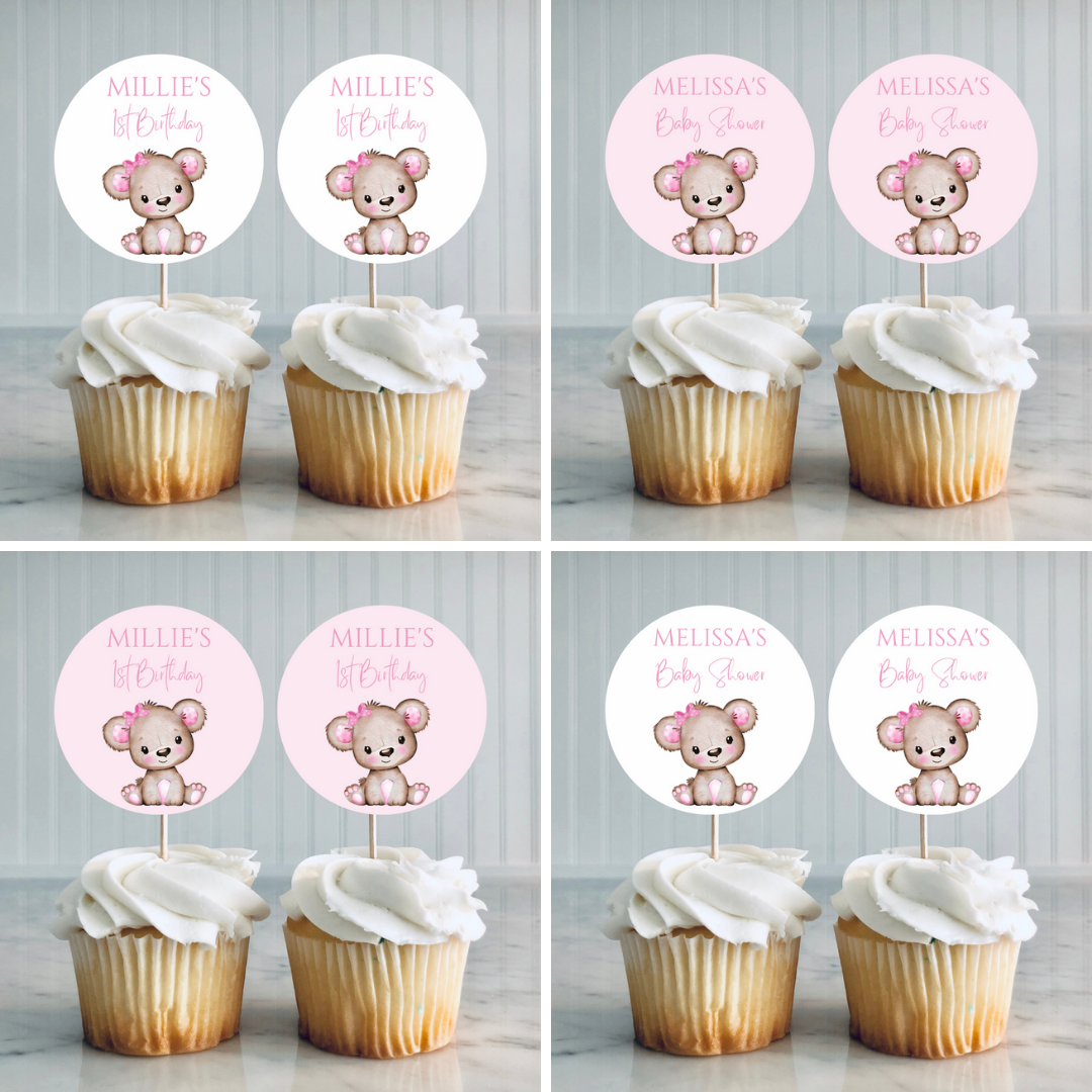Pink Or White Teddy Bear Cupcake Toppers | Baby Shower, Birthday Cupcake Toppers | Party Decorations