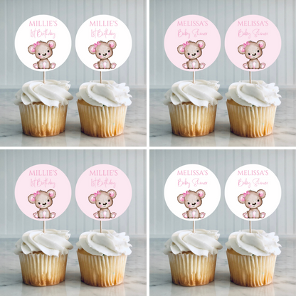Pink Or White Teddy Bear Cupcake Toppers | Baby Shower, Birthday Cupcake Toppers | Party Decorations