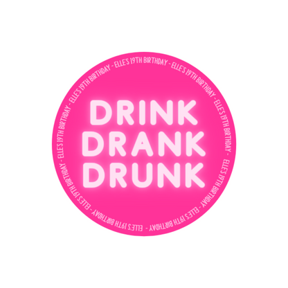 Personalised Fuchsia Pink Birthday Stickers | Drink, Drank, Drunk | Sticker Sheet 45mm Circles | Party Stickers | Sticker Sheet