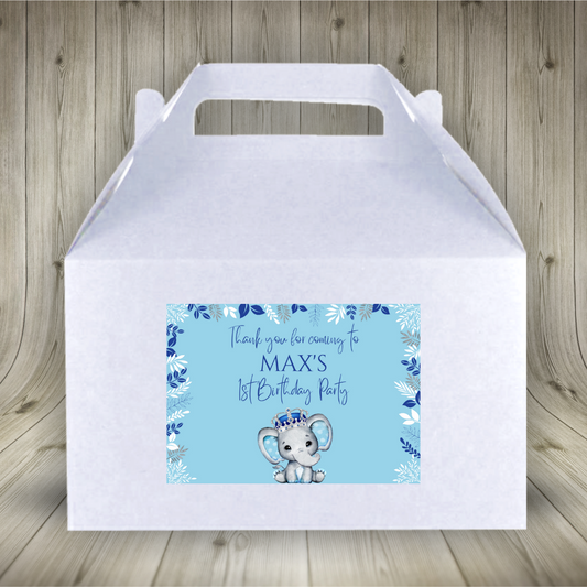 Party Boxes | Blue Elephant Crown Baby Shower, Birthday Party Boxes | Blue Elephant Party | Blue Elephant Party Decor | Party Bags