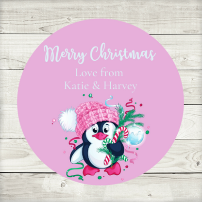 Personalised Christmas Pink Penguin Stickers | Christmas Labels | Sticker Sheet | Christmas Gift Tags