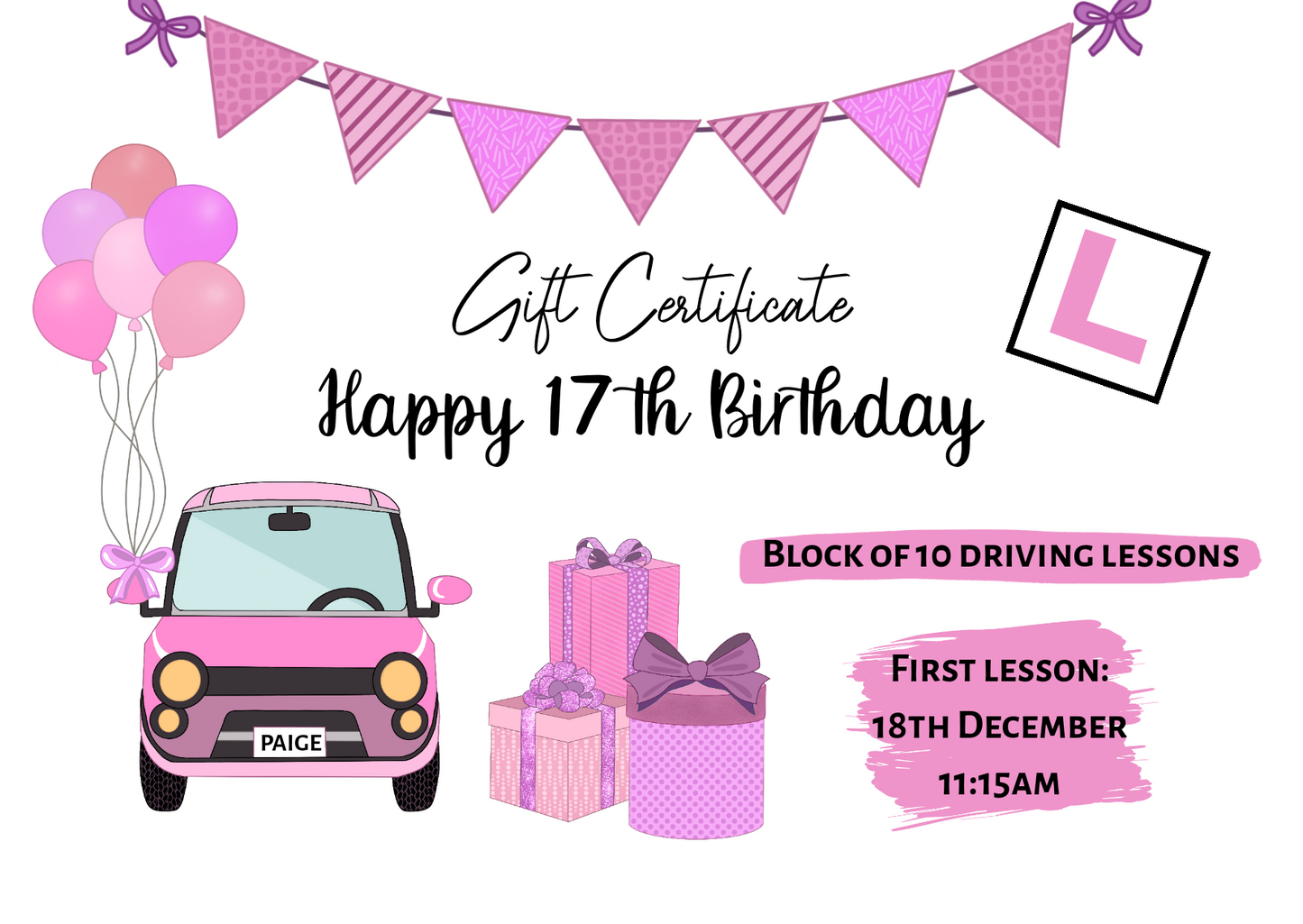 A6 Print | Pink Driving Lesson Gift Certificate | Gift Idea