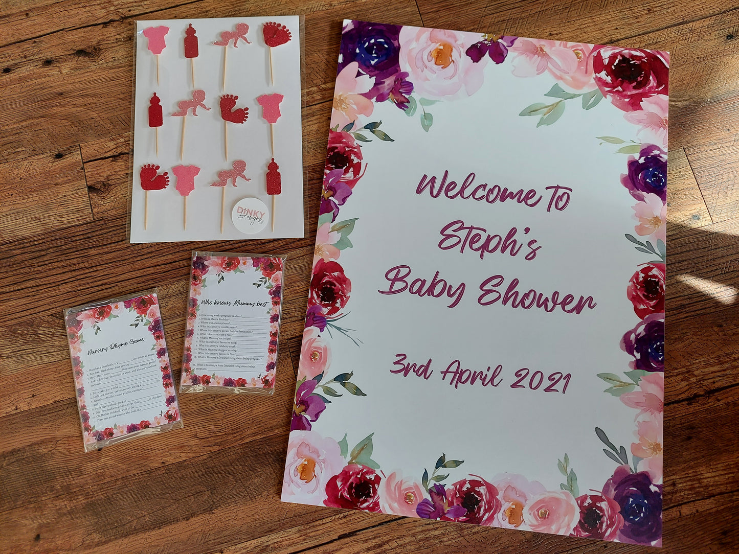 Personalised Floral Pink & Purple Welcome Board Sign | Birthday Board | Christening Board | Baby Shower Board | Party Sign | A4, A3, A2