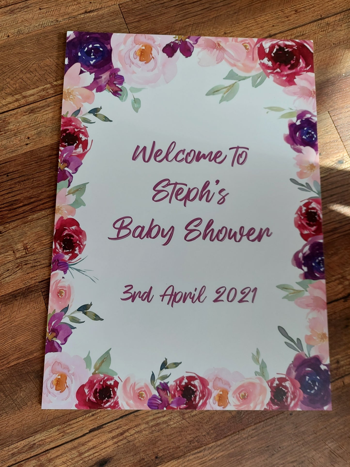Personalised Floral Pink & Purple Welcome Board Sign | Birthday Board | Christening Board | Baby Shower Board | Party Sign | A4, A3, A2