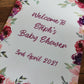 Personalised Floral Pink & Purple Welcome Board Sign | Birthday Board | Christening Board | Baby Shower Board | Party Sign | A4, A3, A2