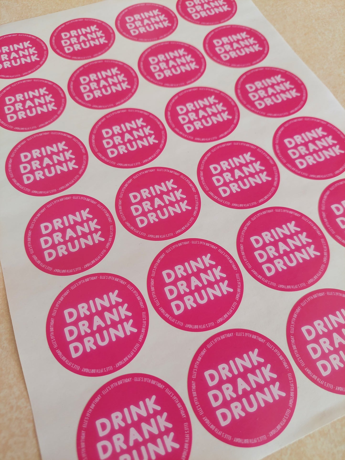 Personalised Fuchsia Pink Birthday Stickers | Drink, Drank, Drunk | Sticker Sheet 45mm Circles | Party Stickers | Sticker Sheet