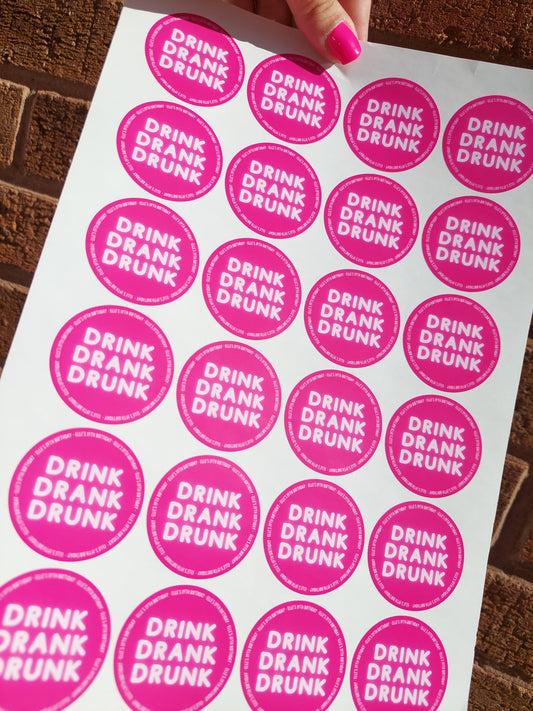 Personalised Fuchsia Pink Birthday Stickers | Drink, Drank, Drunk | Sticker Sheet 45mm Circles | Party Stickers | Sticker Sheet